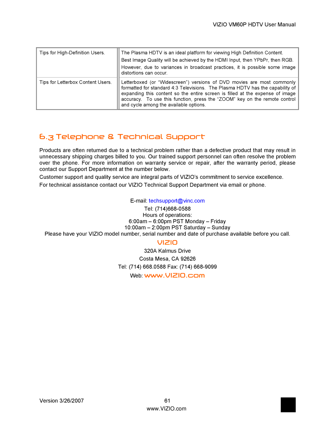Vizio VM60P user manual Telephone & Technical Support, Mailtechsupport@vinc.com 