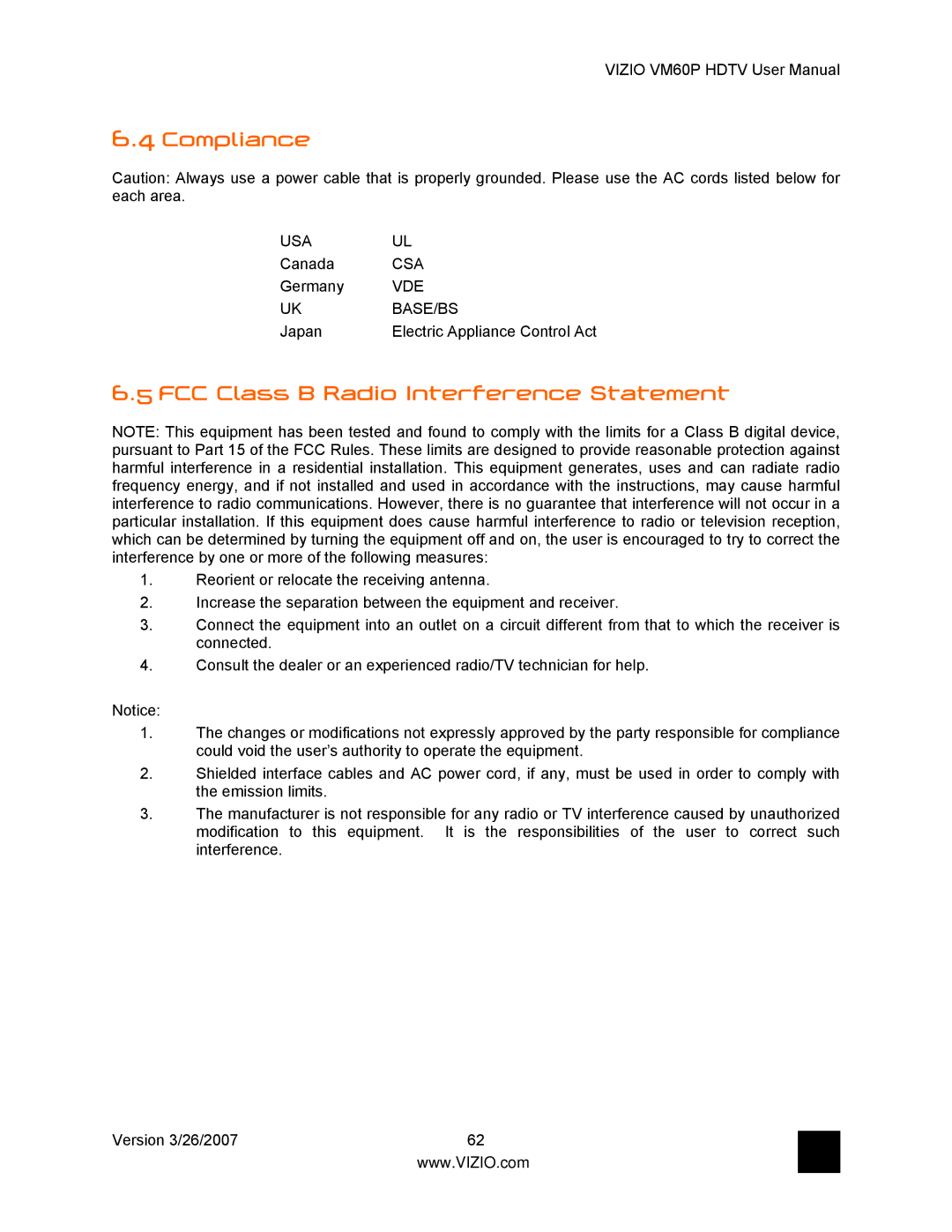 Vizio VM60P user manual Compliance, FCC Class B Radio Interference Statement 