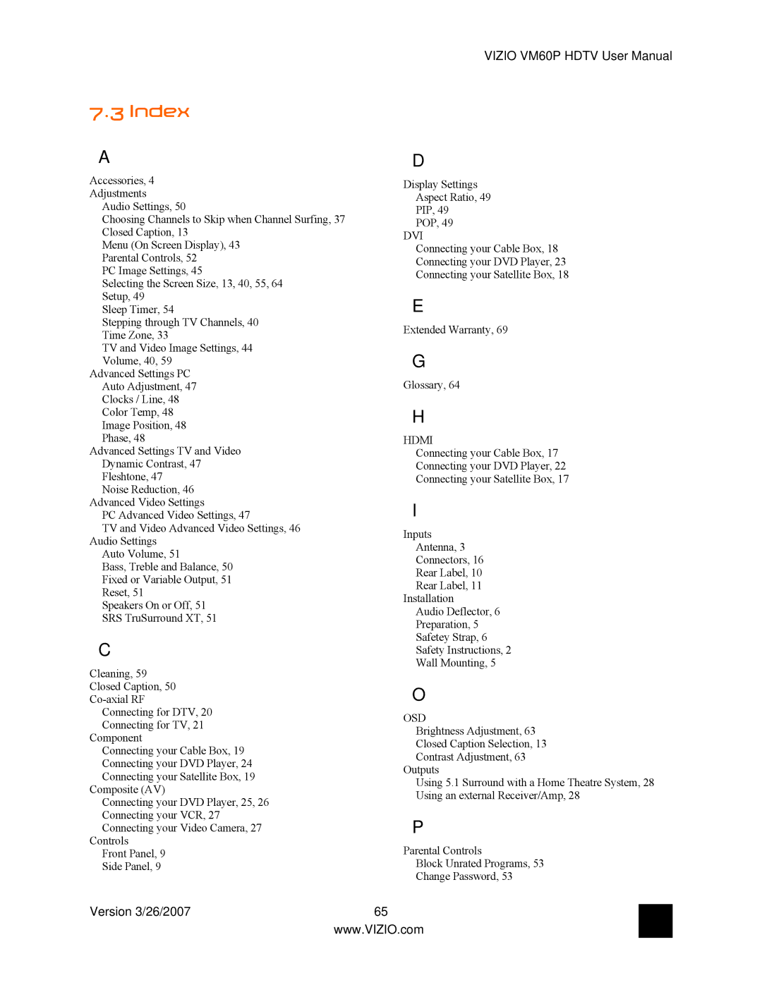 Vizio VM60P user manual Index, Dvi 