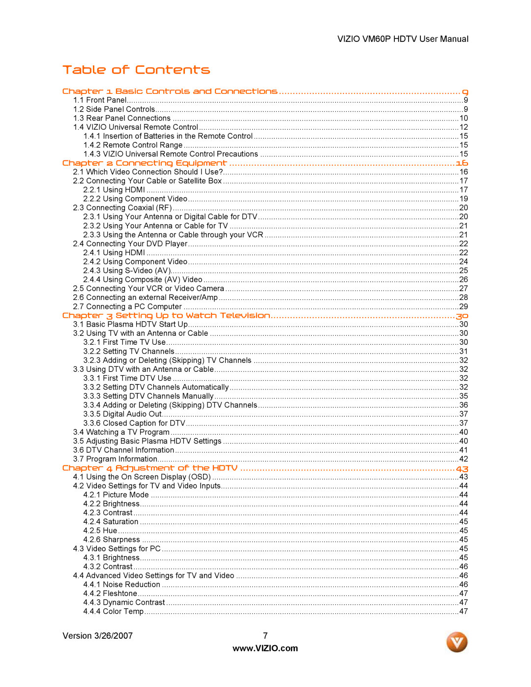 Vizio VM60P user manual Table of Contents 