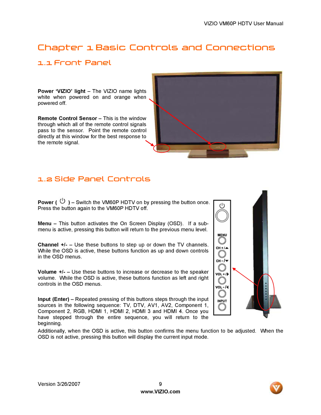 Vizio VM60P user manual Front Panel, Side Panel Controls 