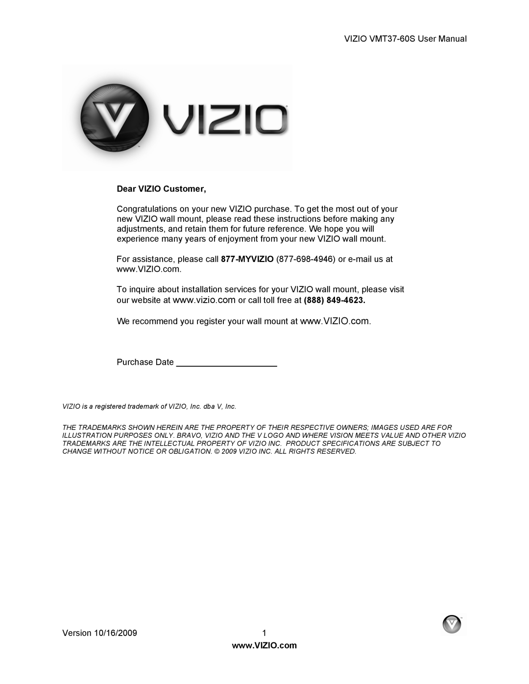 Vizio VMT37-60S user manual Dear Vizio Customer 