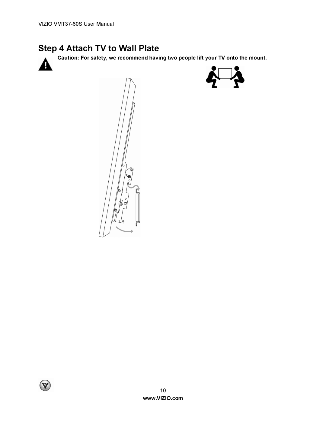 Vizio VMT37-60S user manual Attach TV to Wall Plate 