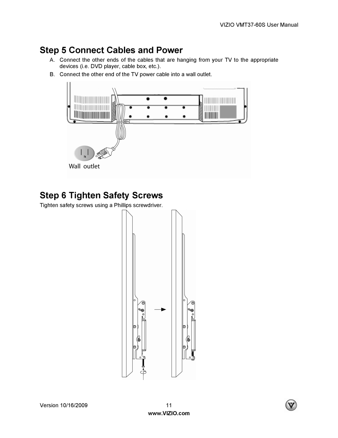 Vizio VMT37-60S user manual Connect Cables and Power, Tighten Safety Screws 