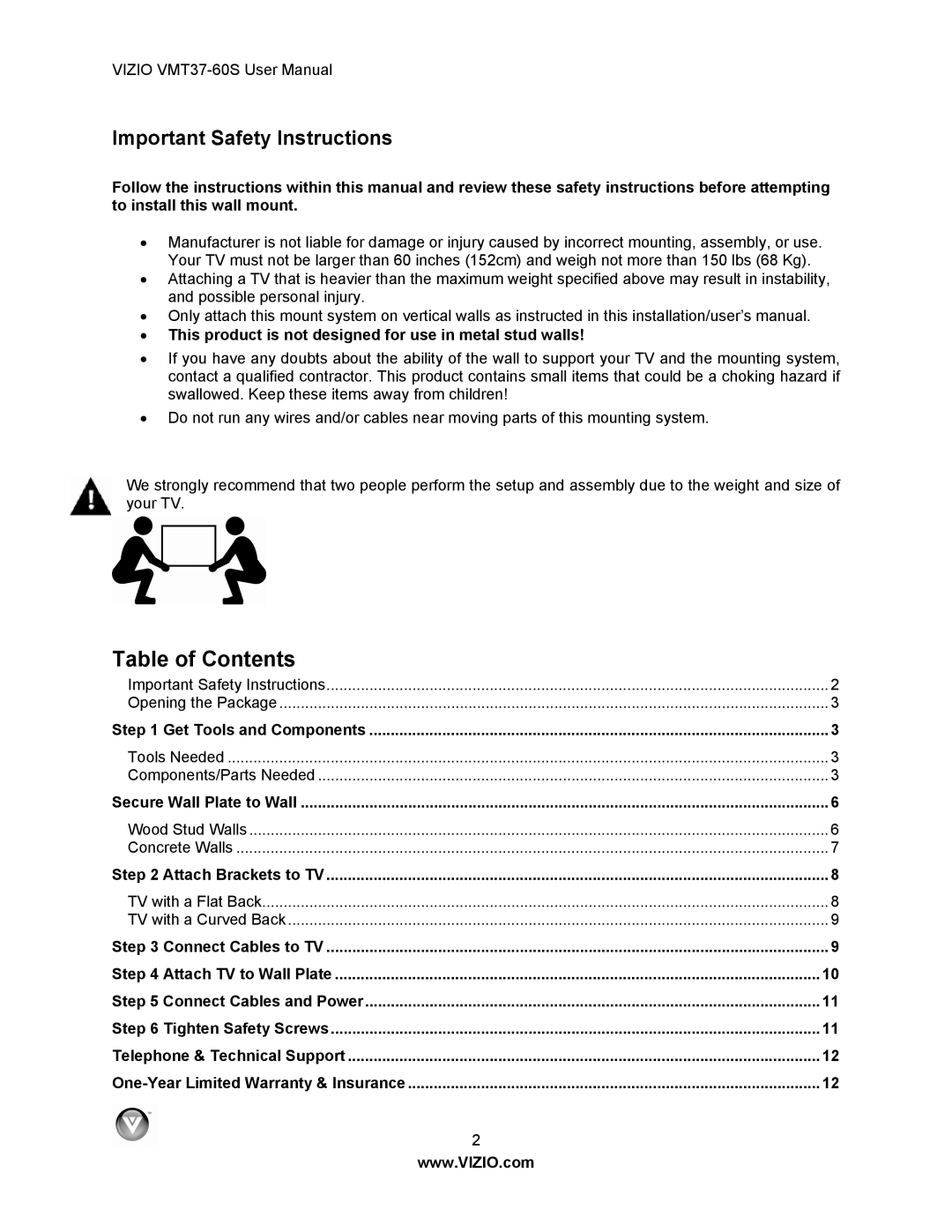 Vizio VMT37-60S user manual Table of Contents 