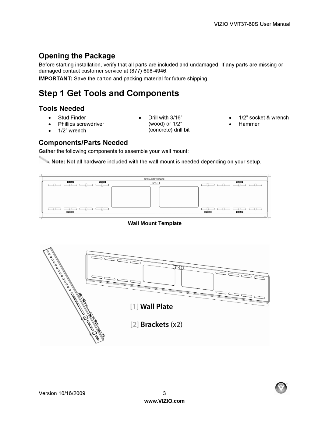 Vizio VMT37-60S user manual Get Tools and Components, Tools Needed, Components/Parts Needed, Wall Mount Template 