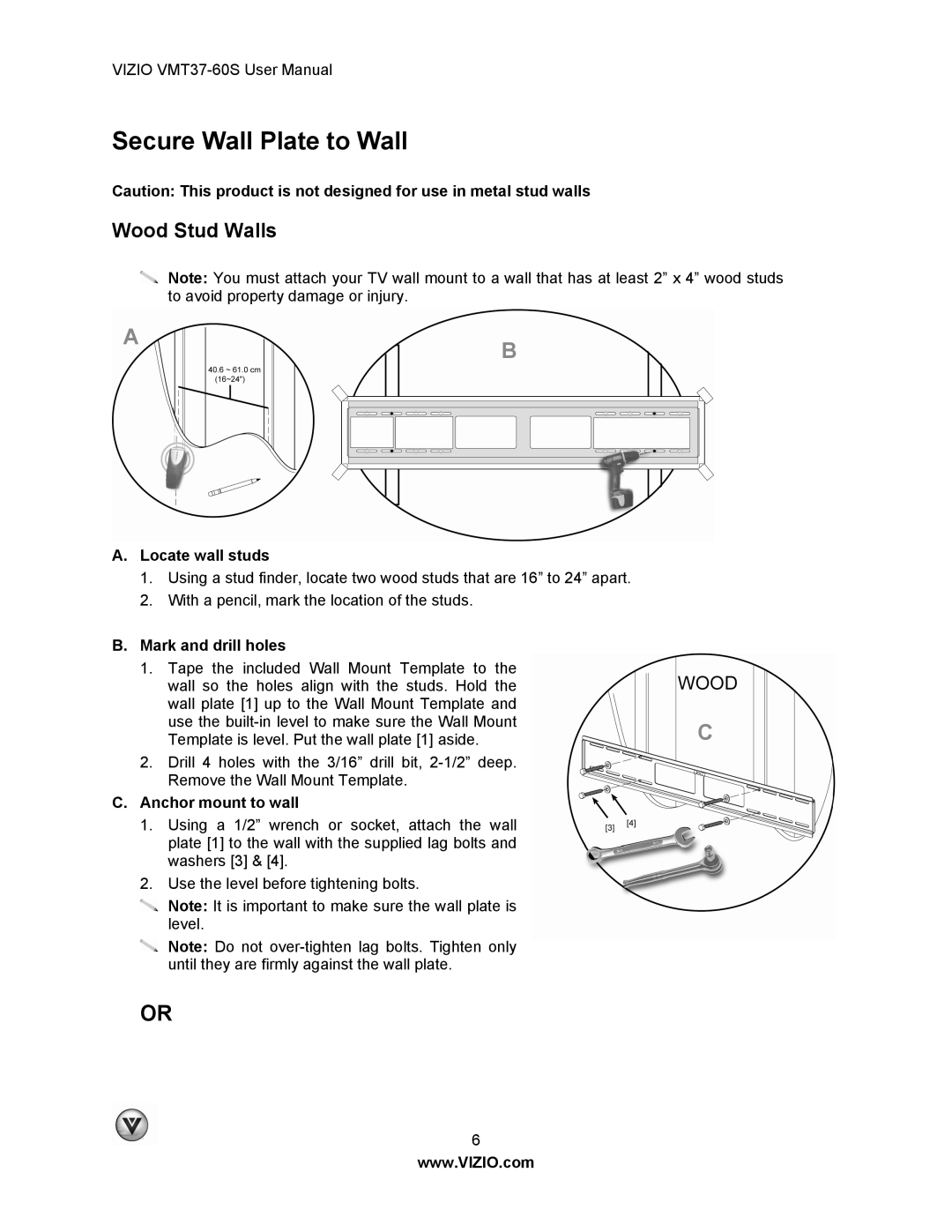 Vizio VMT37-60S Secure Wall Plate to Wall, Wood Stud Walls, Locate wall studs, Mark and drill holes, Anchor mount to wall 