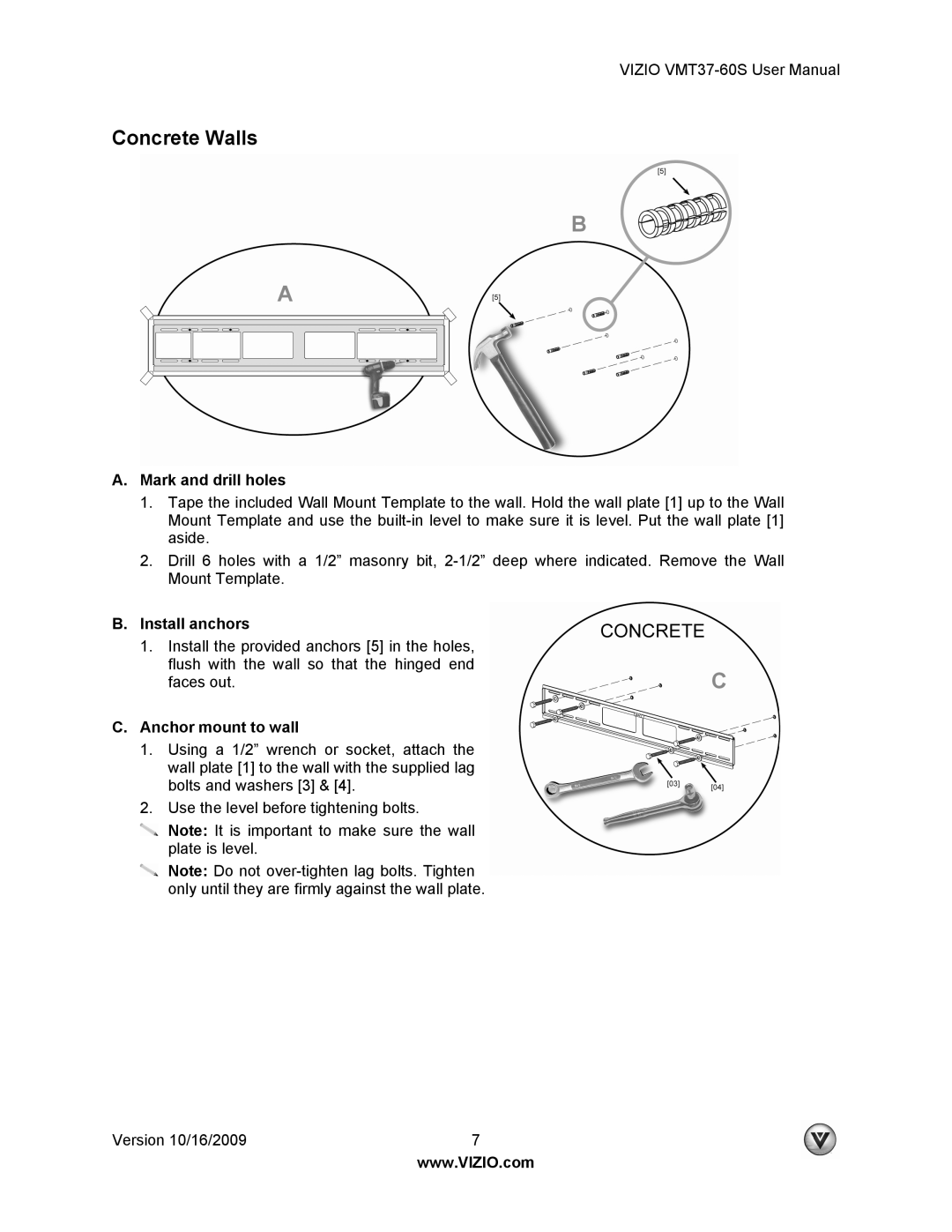 Vizio VMT37-60S user manual Concrete Walls, Install anchors 