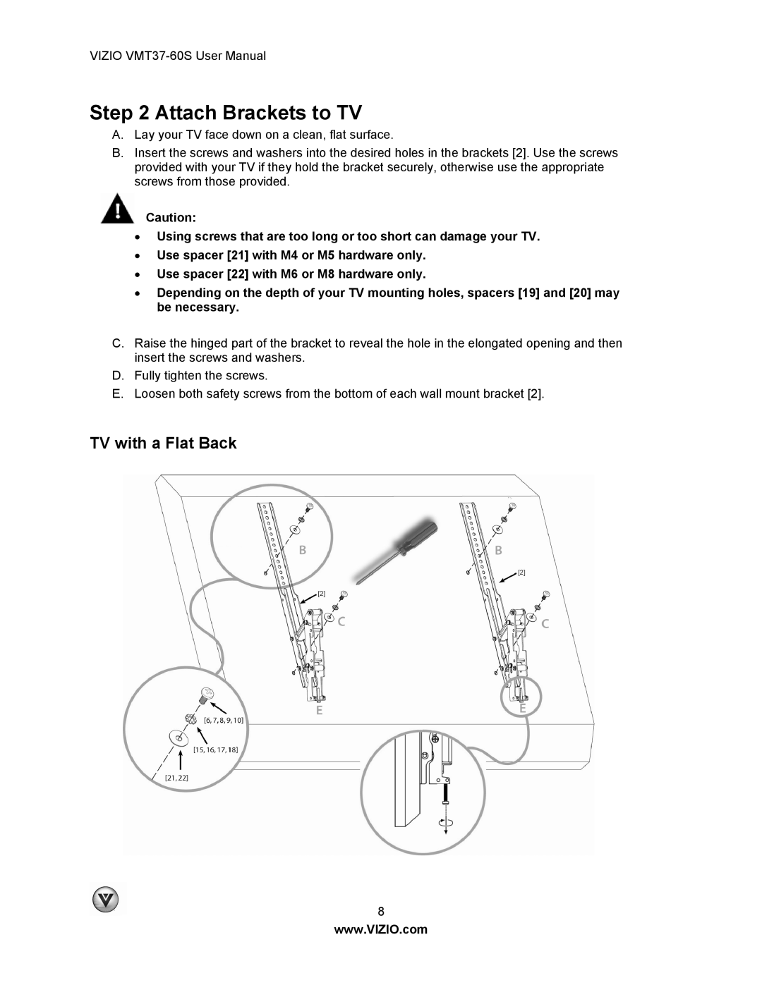 Vizio VMT37-60S user manual Attach Brackets to TV, TV with a Flat Back 