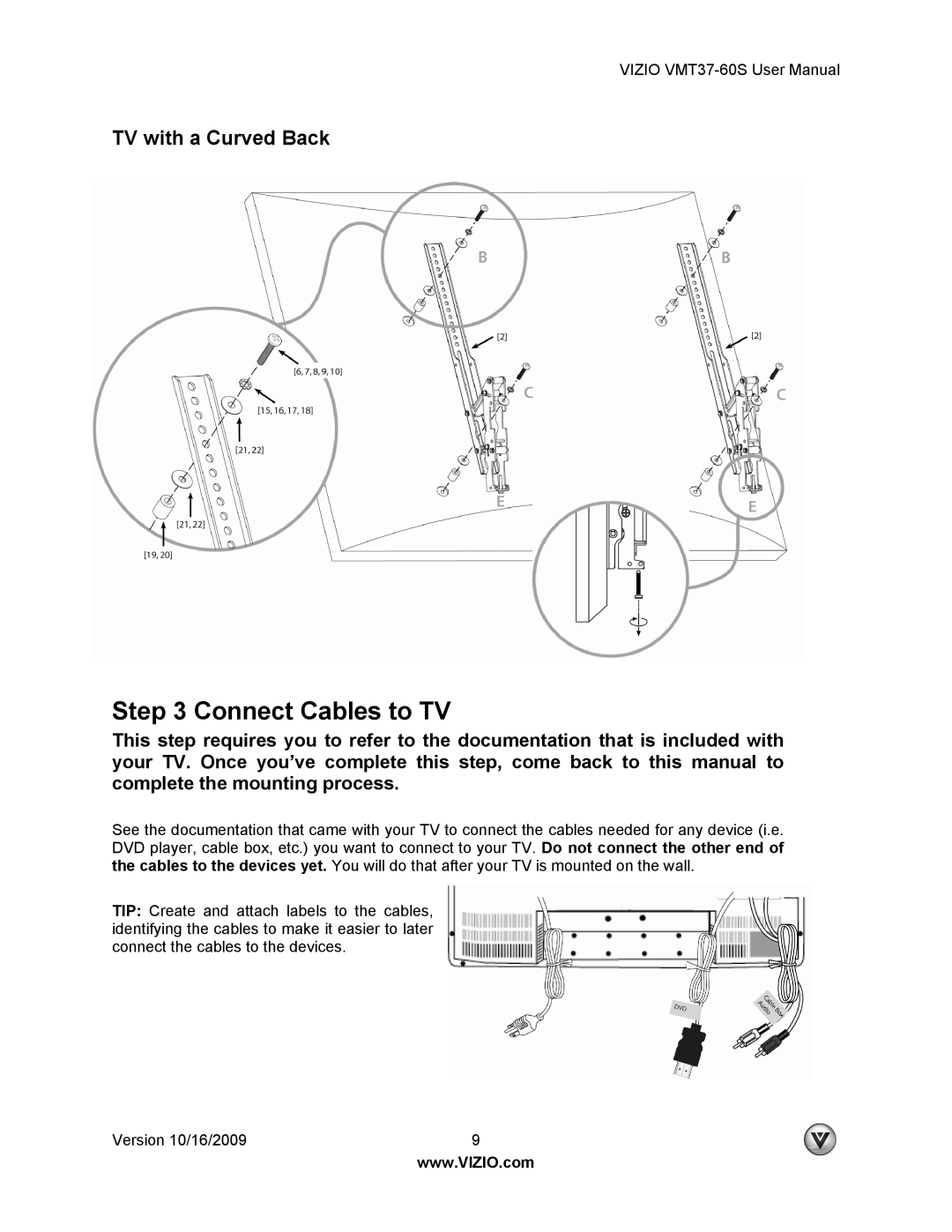 Vizio VMT37-60S user manual Connect Cables to TV, TV with a Curved Back 