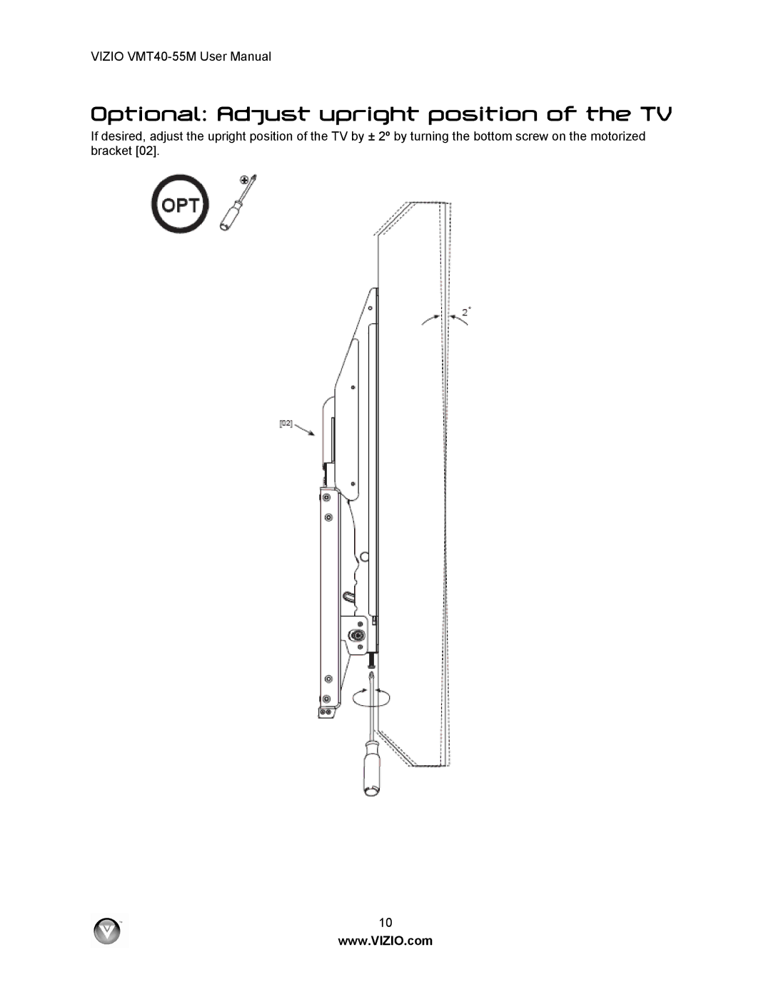 Vizio VMT40-55M user manual Optional Adjust upright position of the TV 