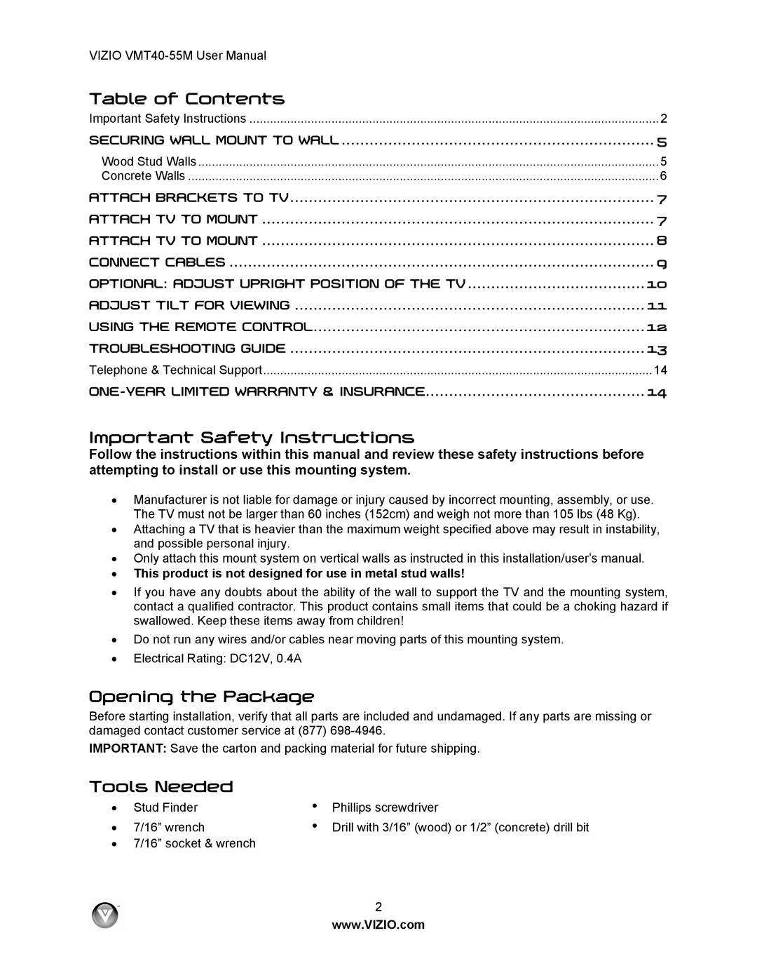 Vizio VMT40-55M user manual Table of Contents, Important Safety Instructions, Opening the Package, Tools Needed 