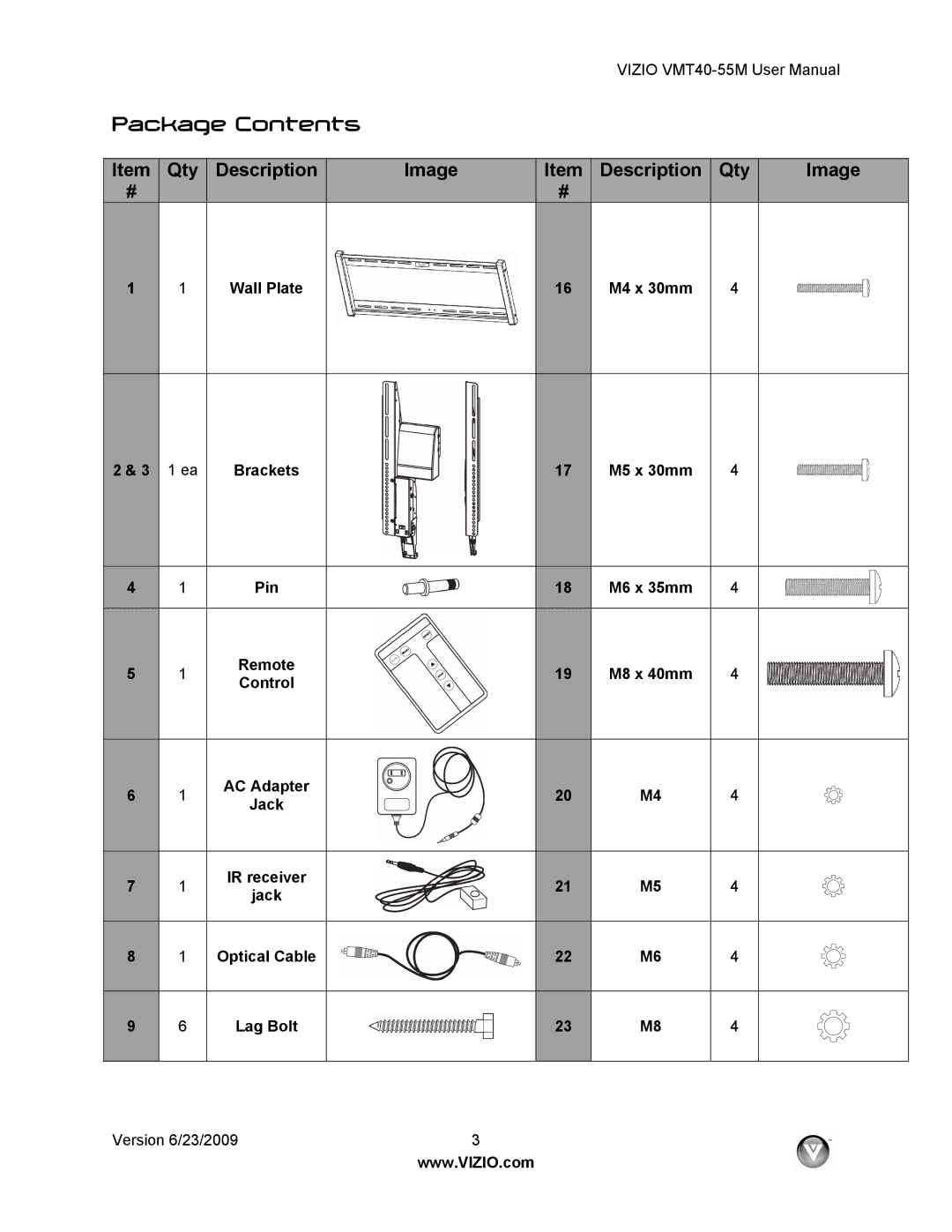 Vizio VMT40-55M user manual Package Contents 