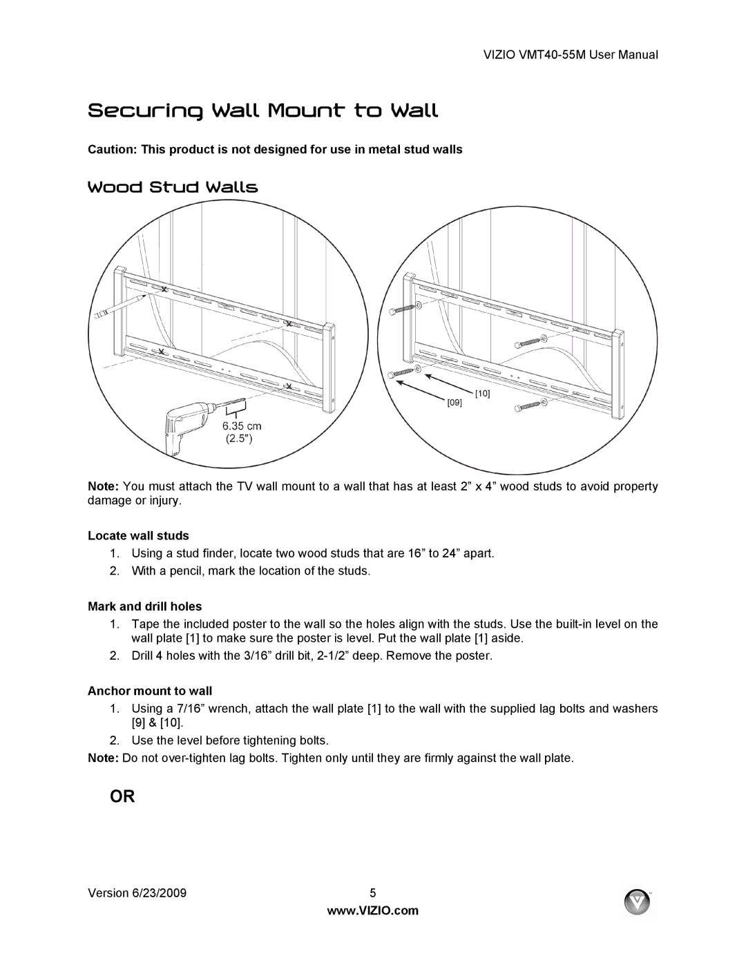 Vizio VMT40-55M user manual Securing Wall Mount to Wall, Wood Stud Walls, Locate wall studs, Mark and drill holes 