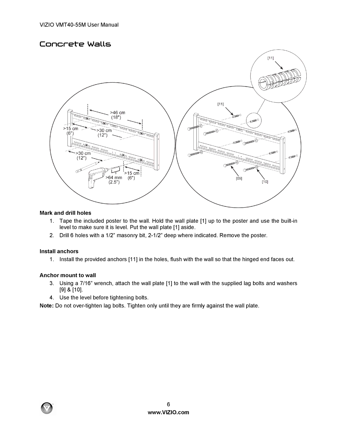 Vizio VMT40-55M user manual Concrete Walls, Install anchors 