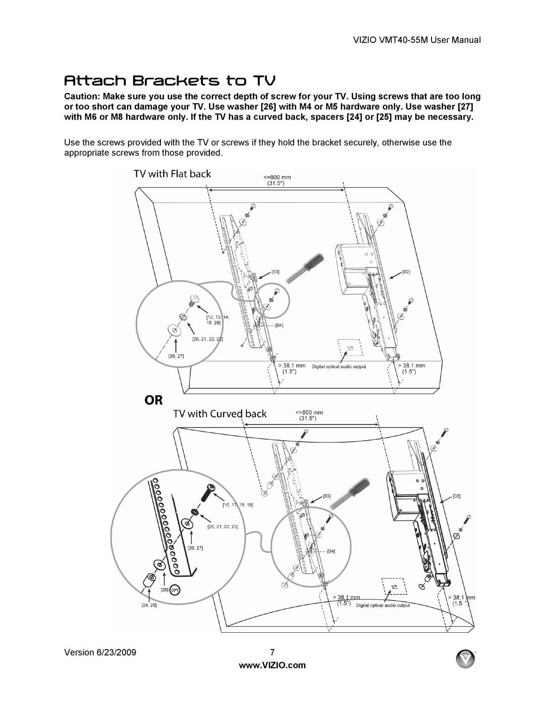 Vizio VMT40-55M user manual Attach Brackets to TV 