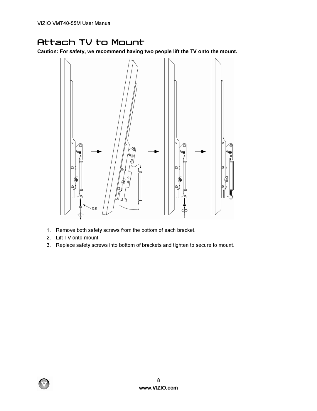 Vizio VMT40-55M user manual Attach TV to Mount 