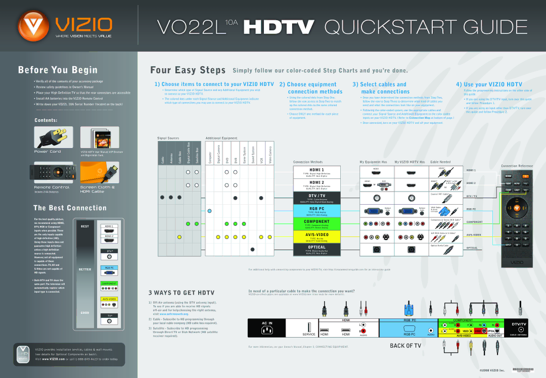 Vizio quick start VO22L10A Hdtv Quickstart Guide 