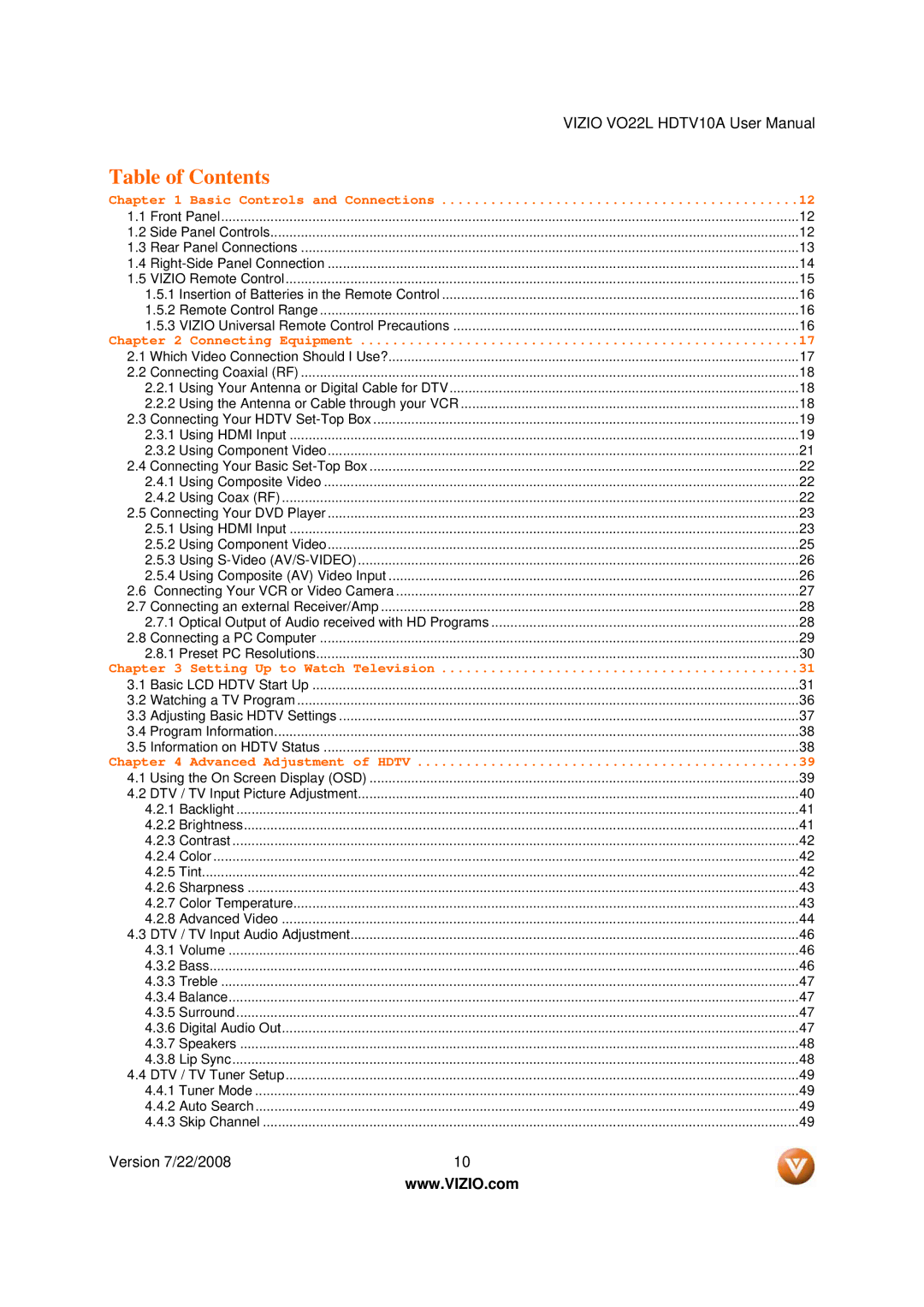 Vizio VO22L user manual Basic Controls and Connections 