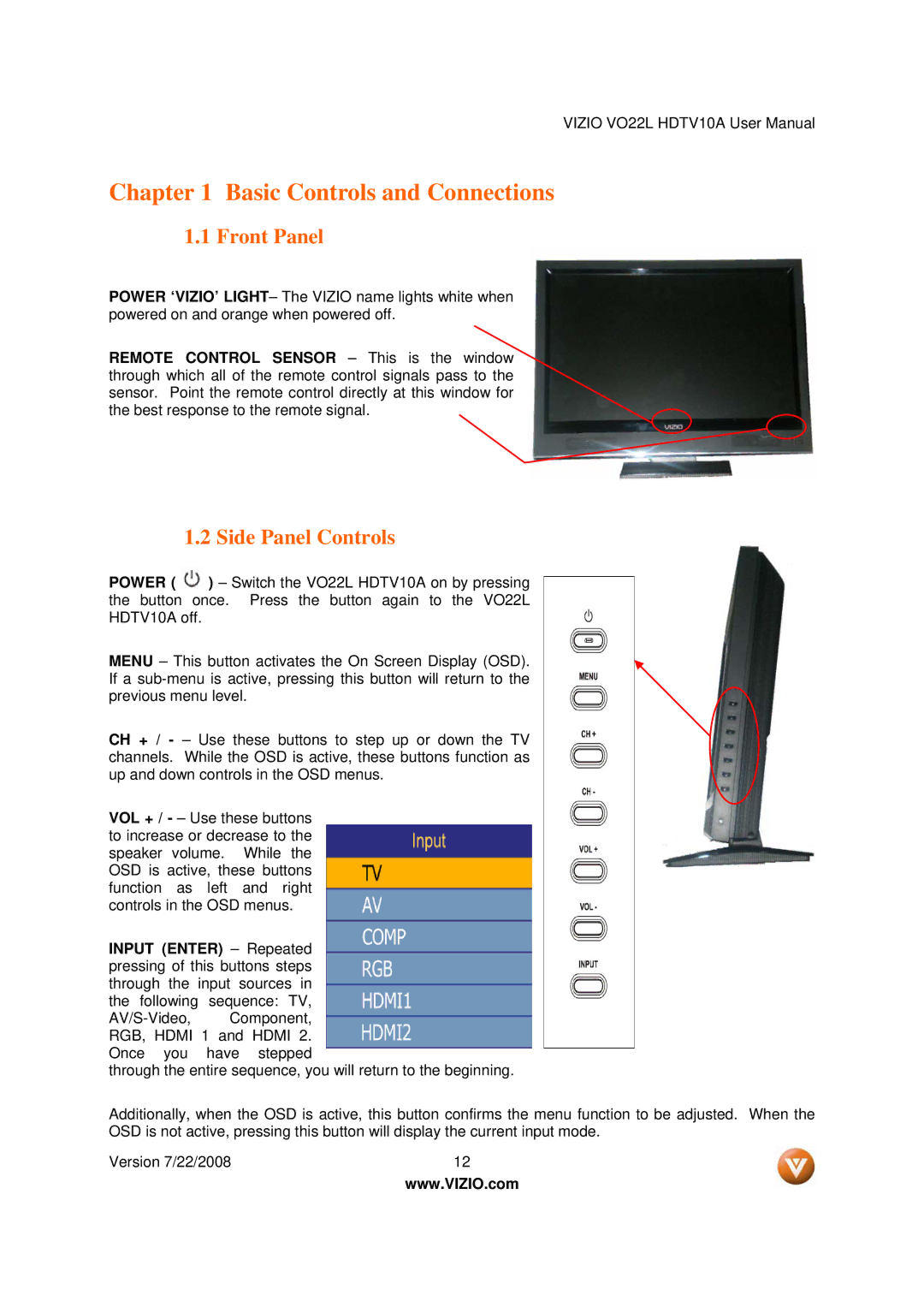 Vizio VO22L user manual Front Panel, Side Panel Controls 