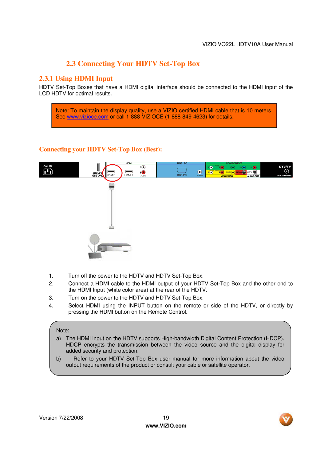 Vizio VO22L user manual Connecting Your Hdtv Set-Top Box, Using Hdmi Input, Connecting your Hdtv Set-Top Box Best 