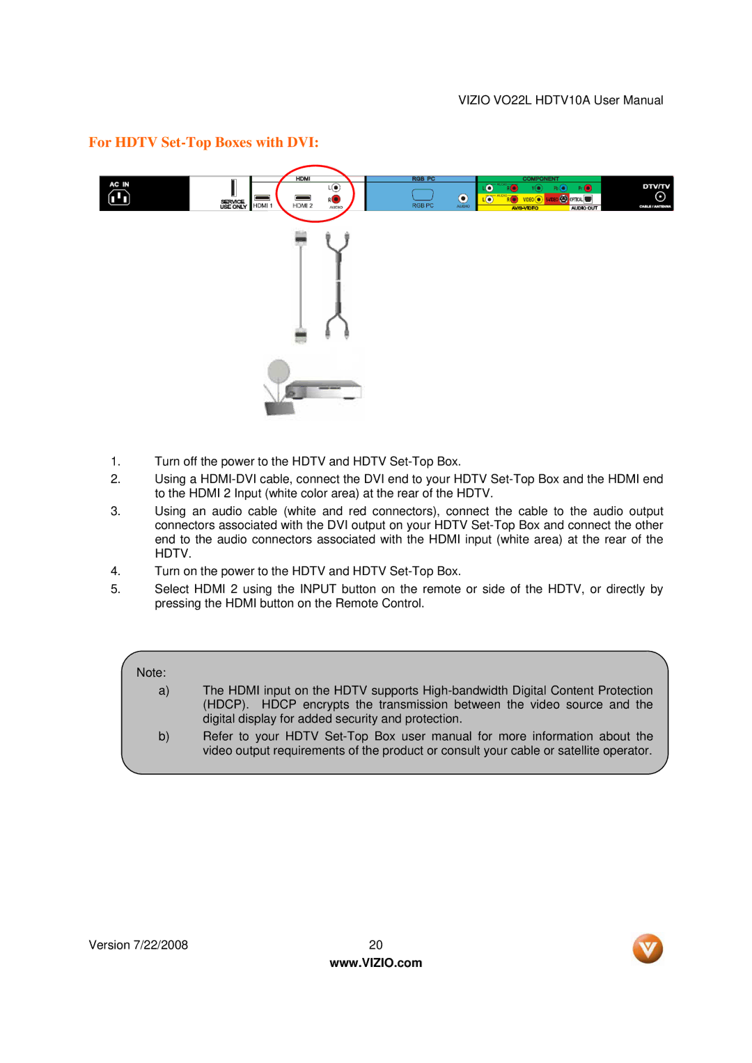 Vizio VO22L user manual For Hdtv Set-Top Boxes with DVI 