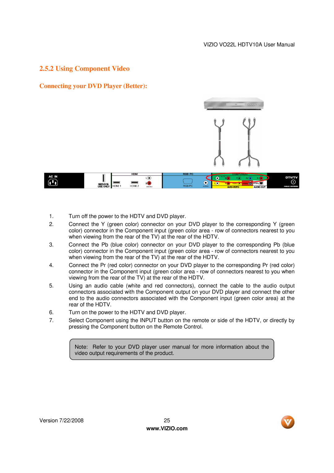 Vizio VO22L user manual Using Component Video, Connecting your DVD Player Better 