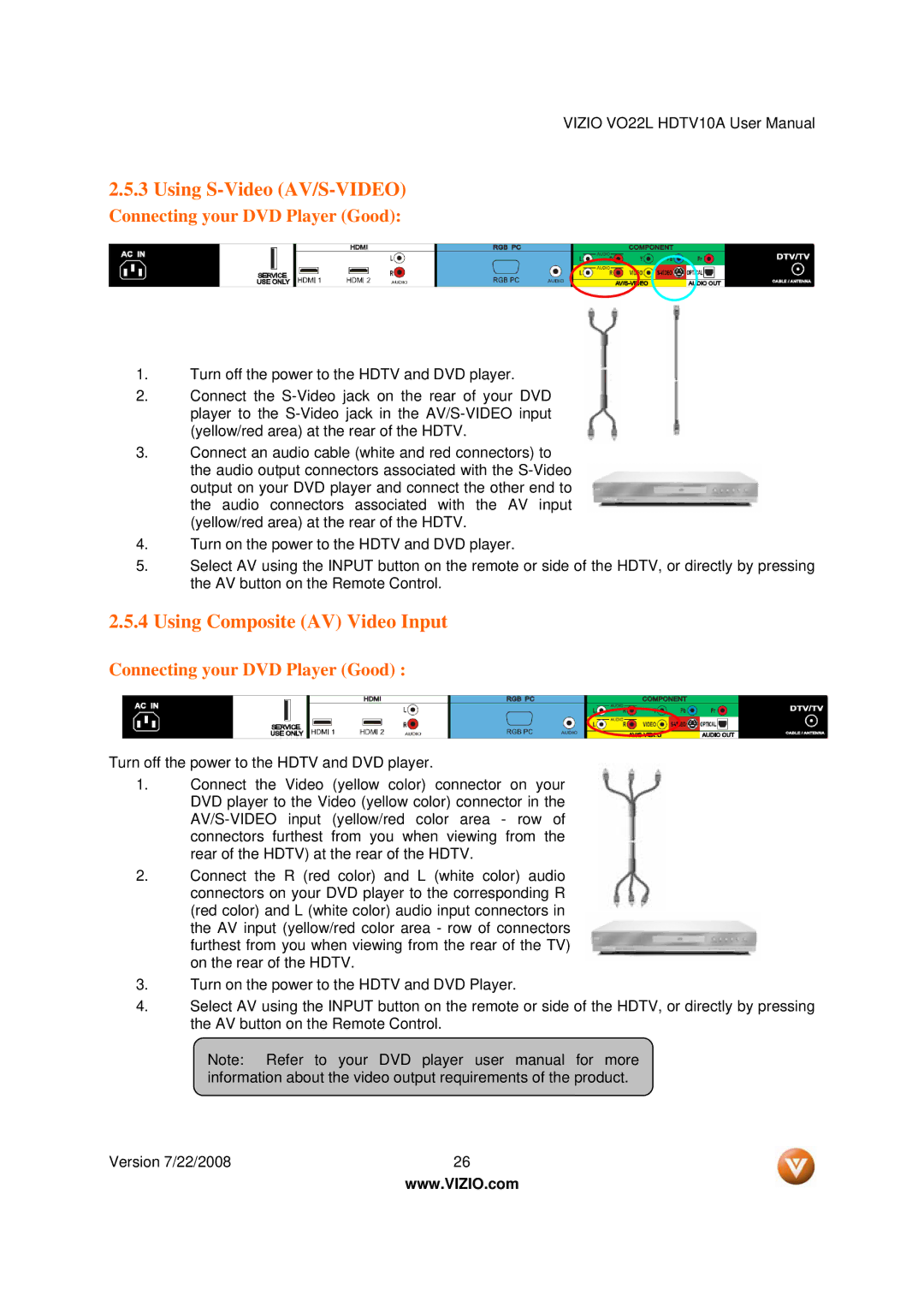 Vizio VO22L user manual Using S-Video AV/S-VIDEO, Using Composite AV Video Input, Connecting your DVD Player Good 