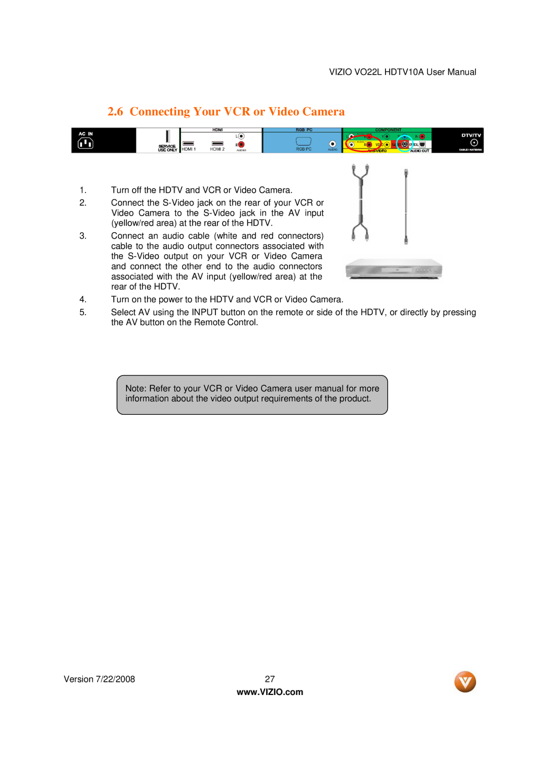 Vizio VO22L user manual Connecting Your VCR or Video Camera 