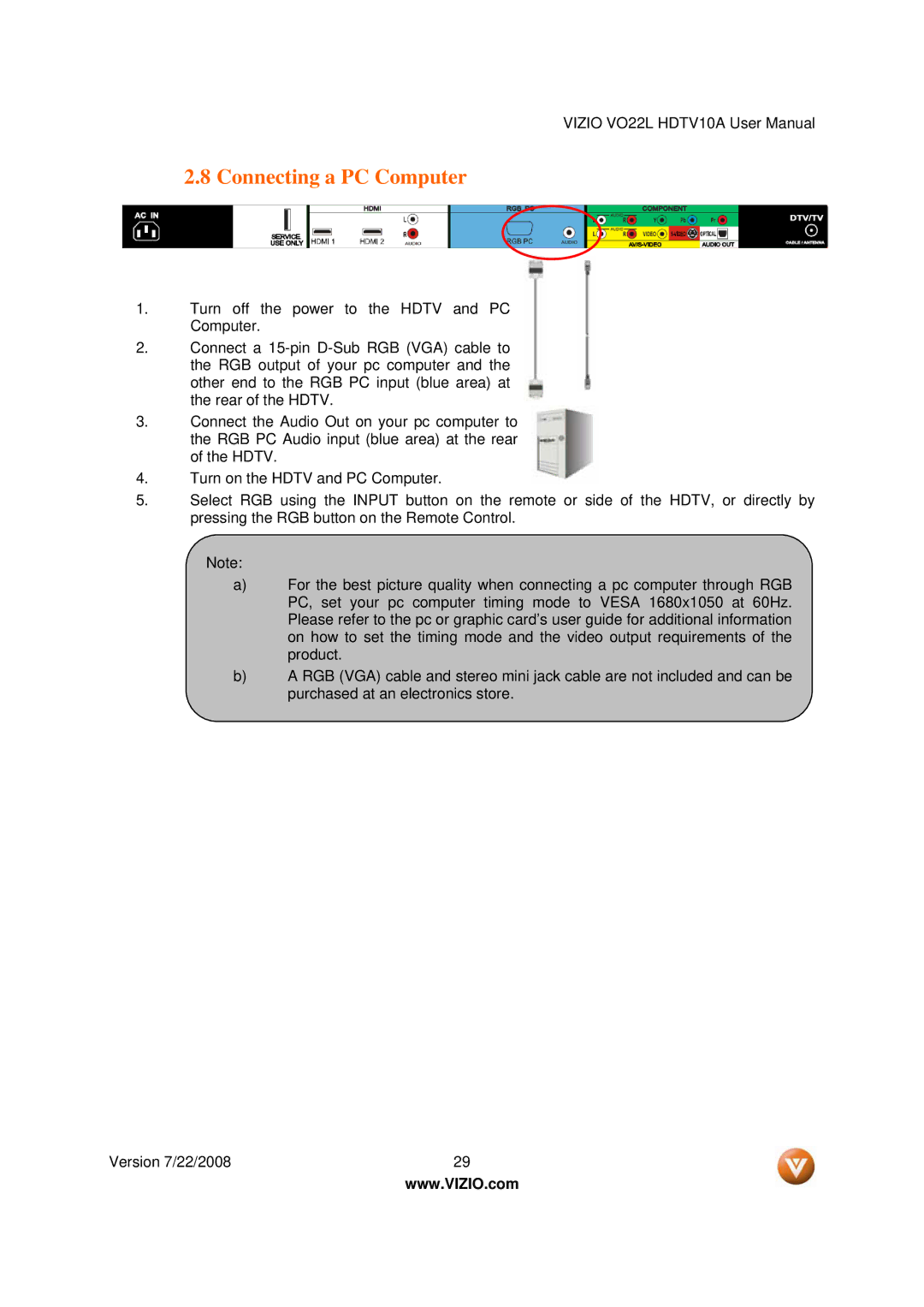 Vizio VO22L user manual Connecting a PC Computer 