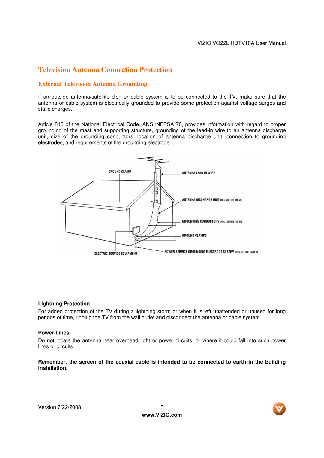 Vizio VO22L Television Antenna Connection Protection, External Television Antenna Grounding, Lightning Protection 