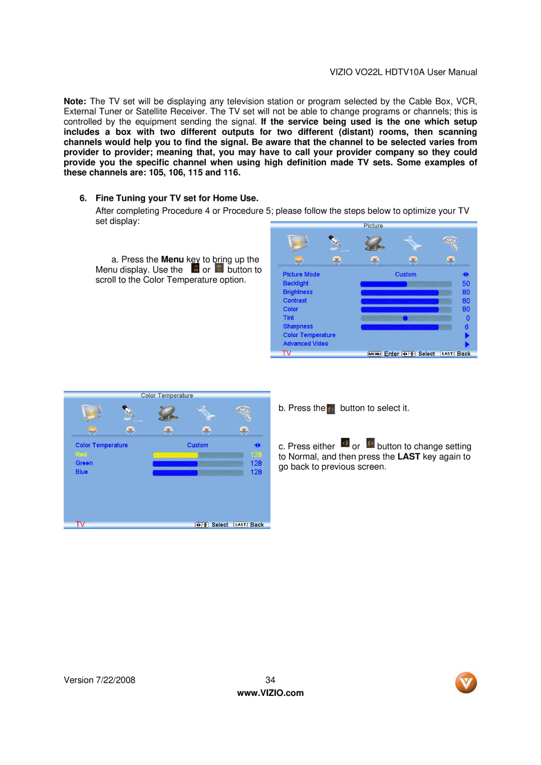 Vizio VO22L user manual Fine Tuning your TV set for Home Use 