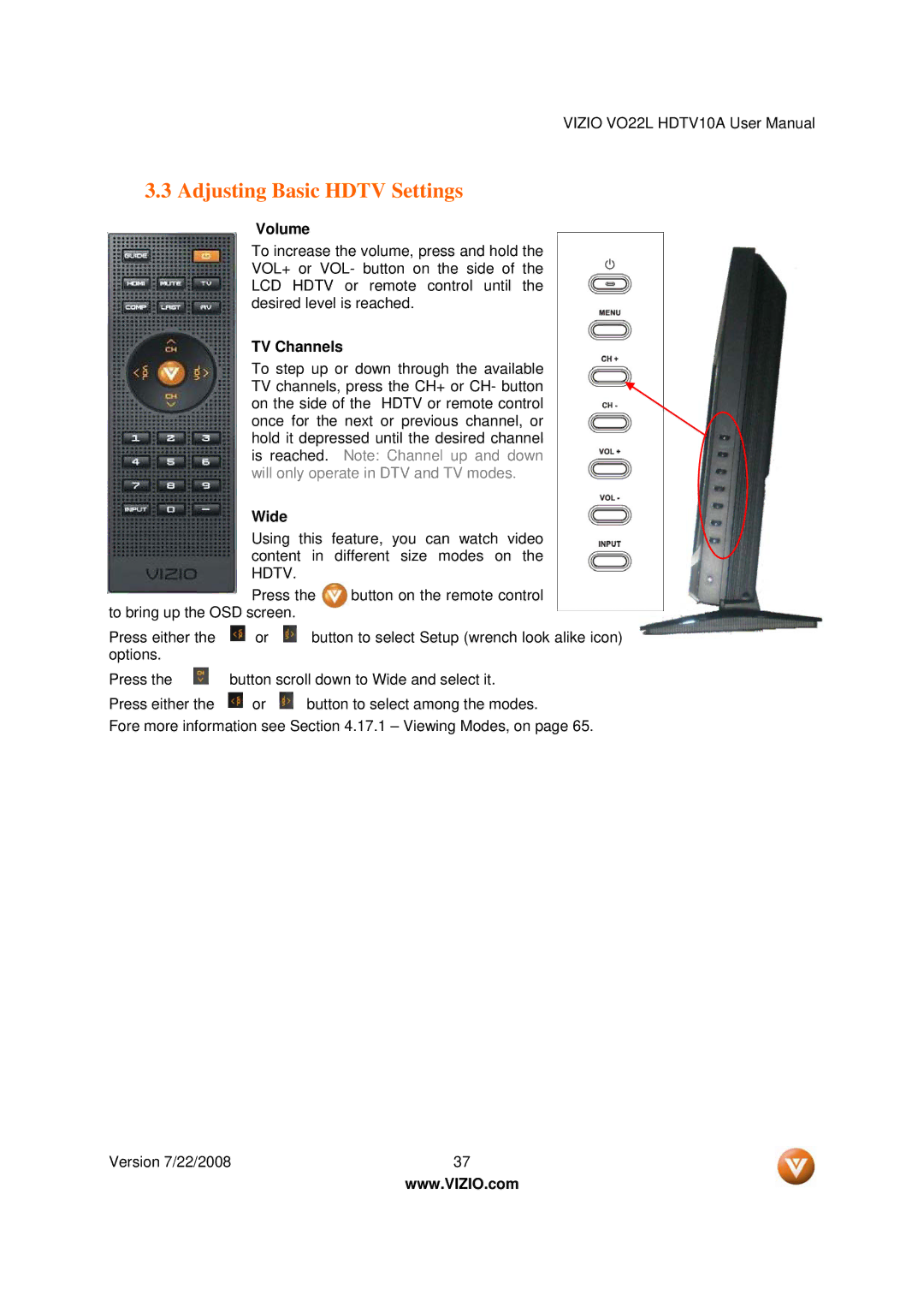 Vizio VO22L user manual Adjusting Basic Hdtv Settings, Volume, TV Channels, Wide 