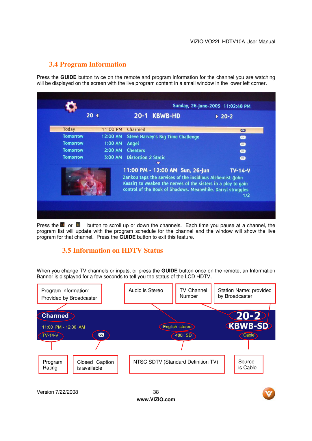 Vizio VO22L user manual Program Information, Information on Hdtv Status 