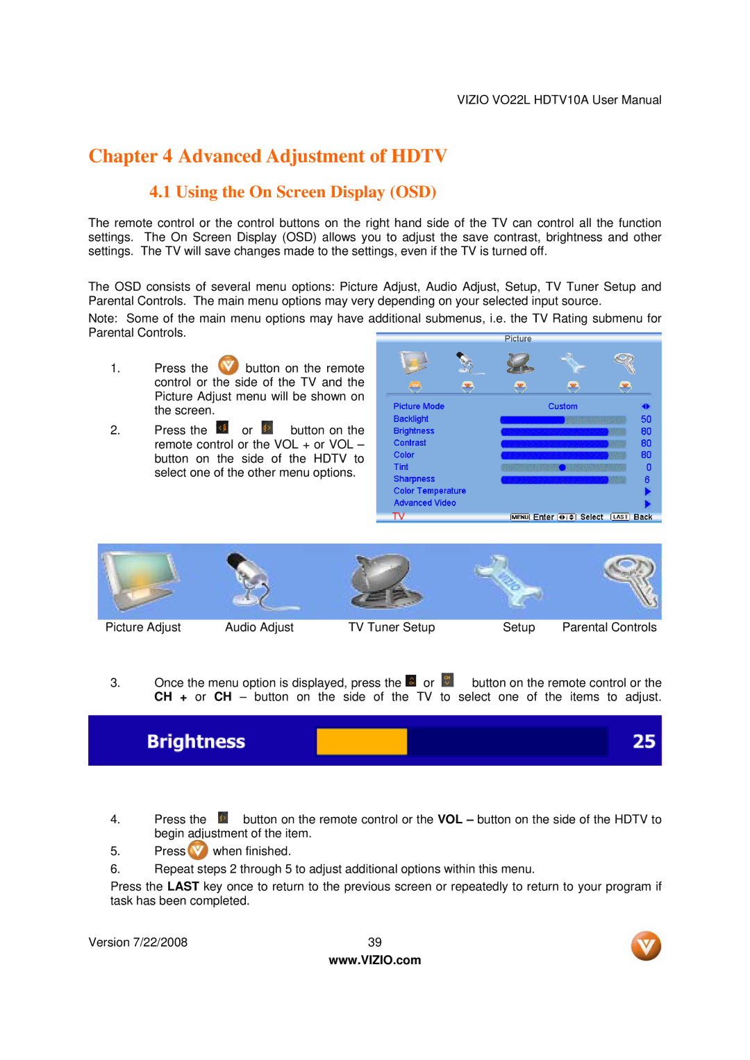 Vizio VO22L user manual Advanced Adjustment of Hdtv, Using the On Screen Display OSD 