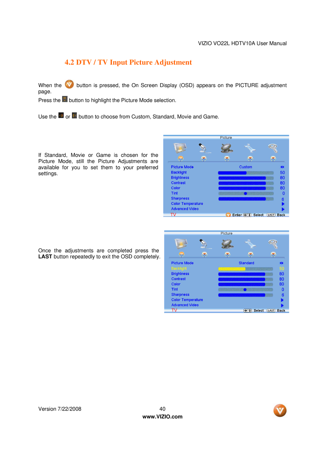 Vizio VO22L user manual DTV / TV Input Picture Adjustment 