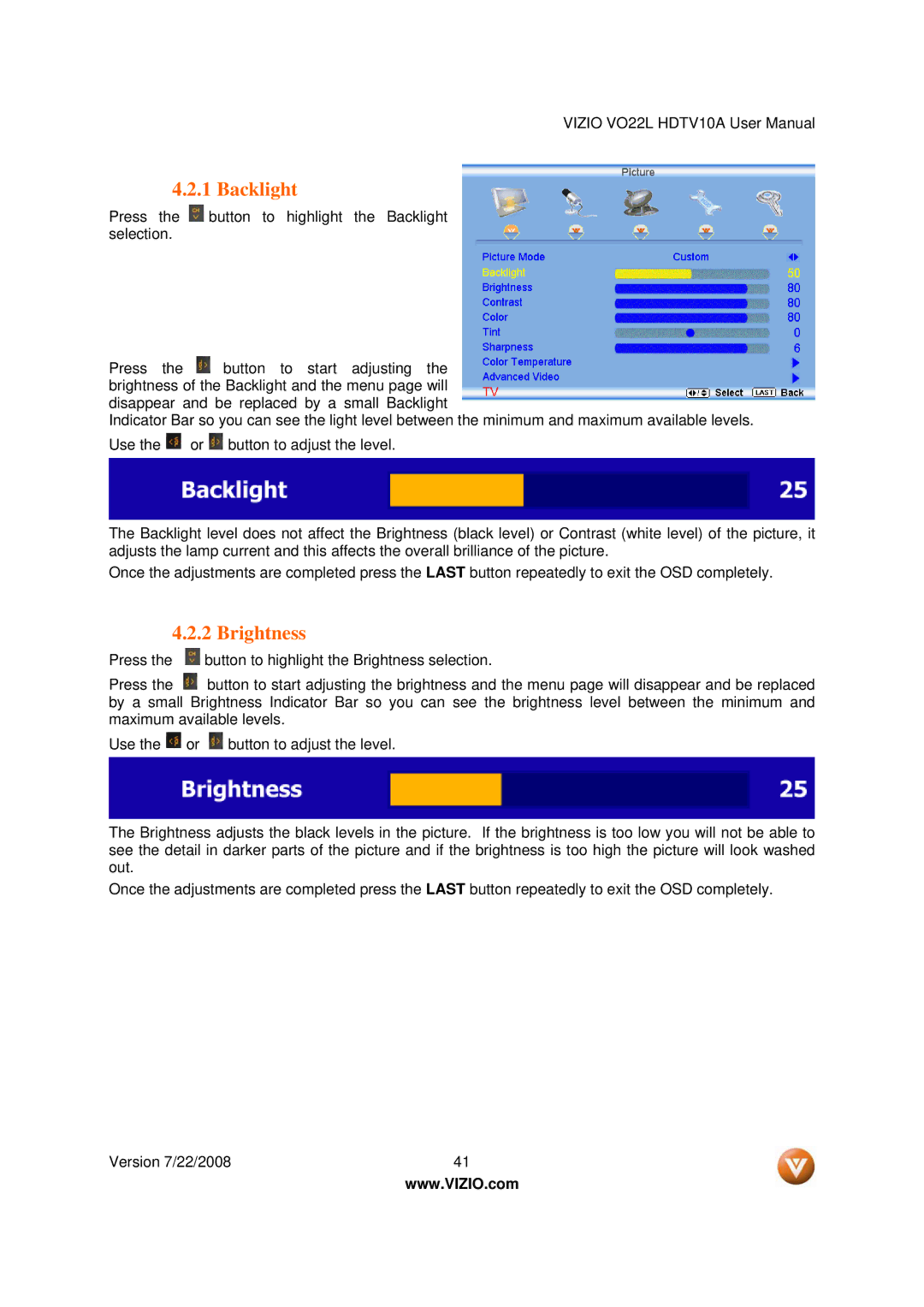 Vizio VO22L user manual Backlight, Brightness 