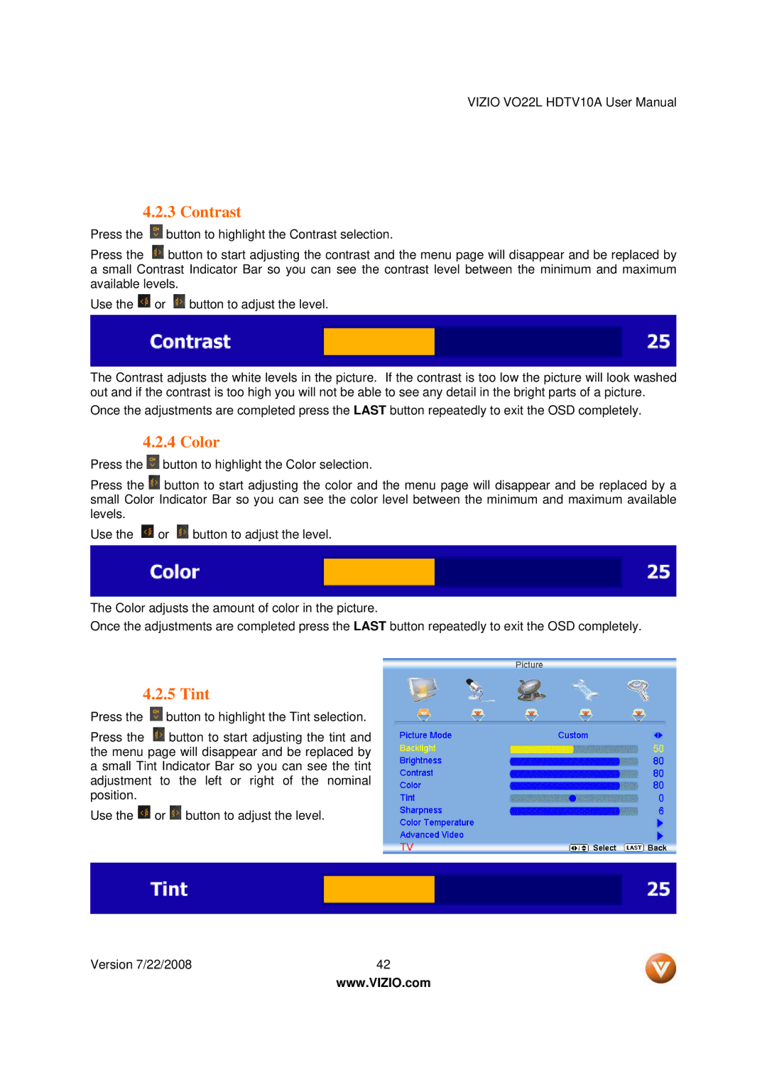 Vizio VO22L user manual Contrast, Color, Tint 