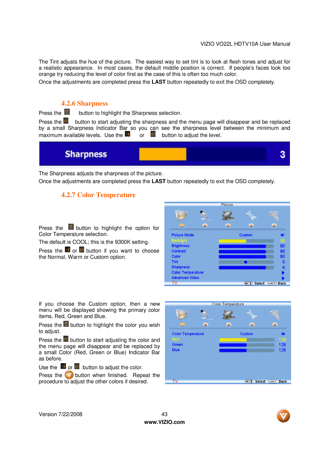 Vizio VO22L user manual Sharpness, Color Temperature 
