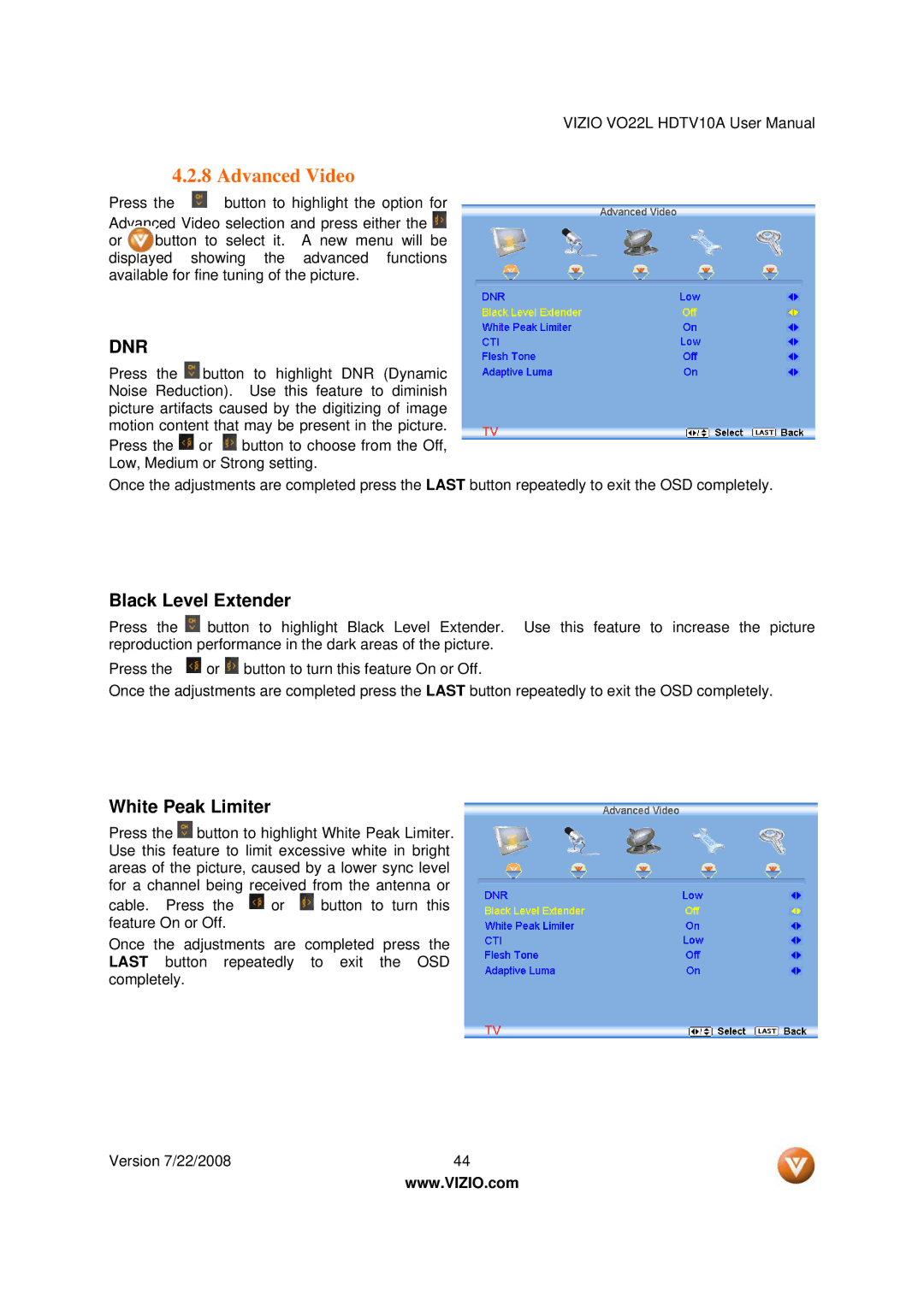 Vizio VO22L user manual Advanced Video, Dnr 