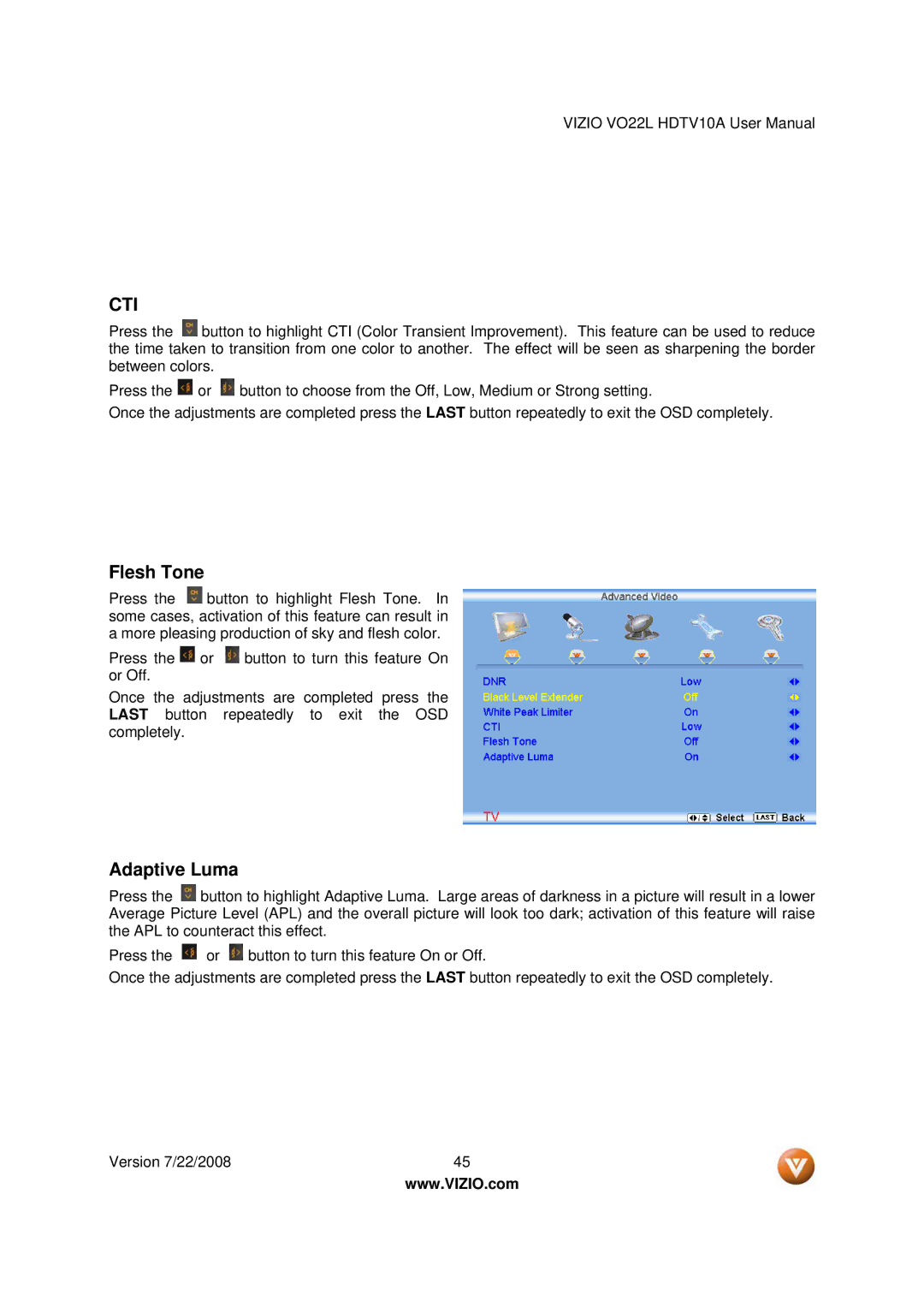 Vizio VO22L user manual Cti 