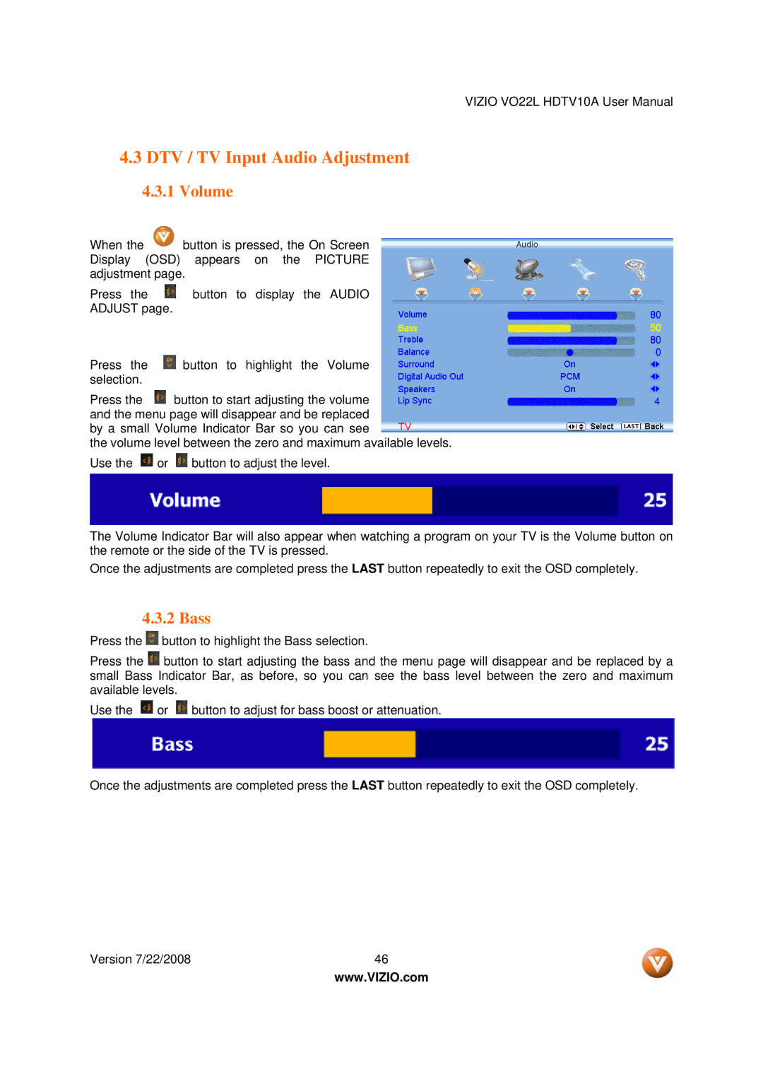 Vizio VO22L user manual DTV / TV Input Audio Adjustment, Volume, Bass 