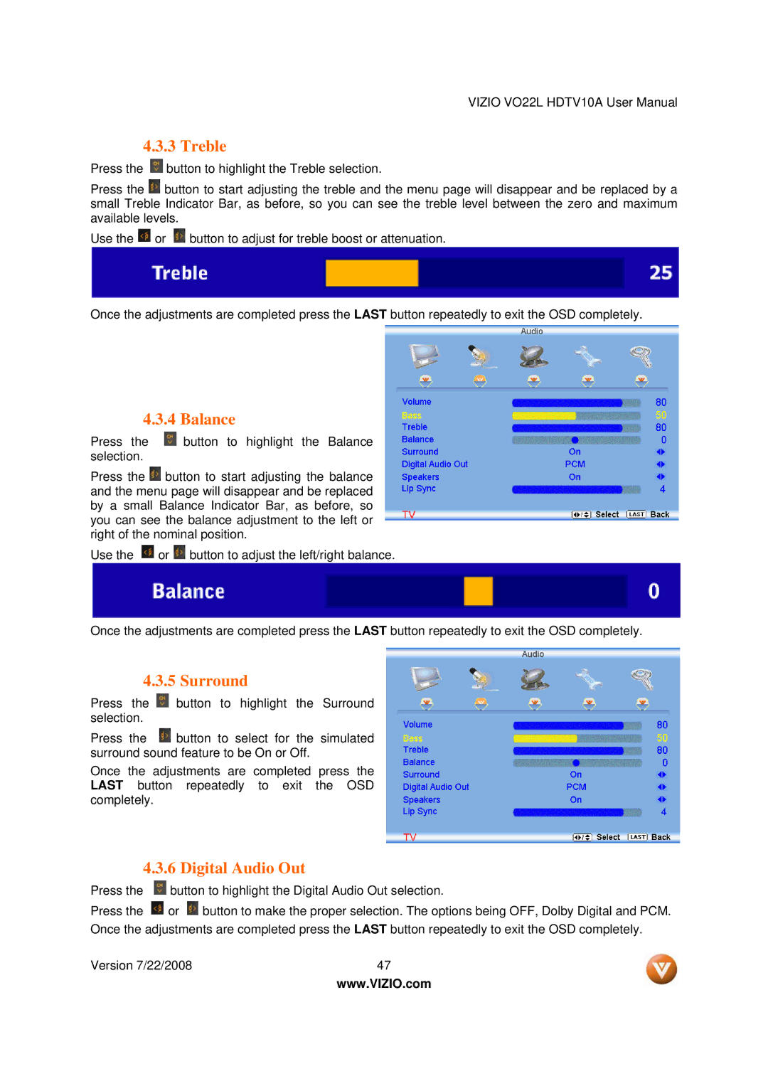 Vizio VO22L user manual Treble, Balance, Surround, Digital Audio Out 