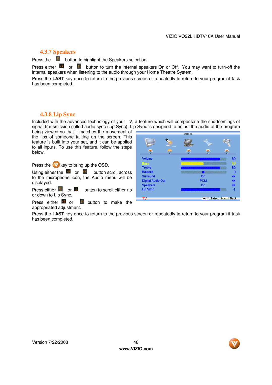 Vizio VO22L user manual Speakers, Lip Sync 