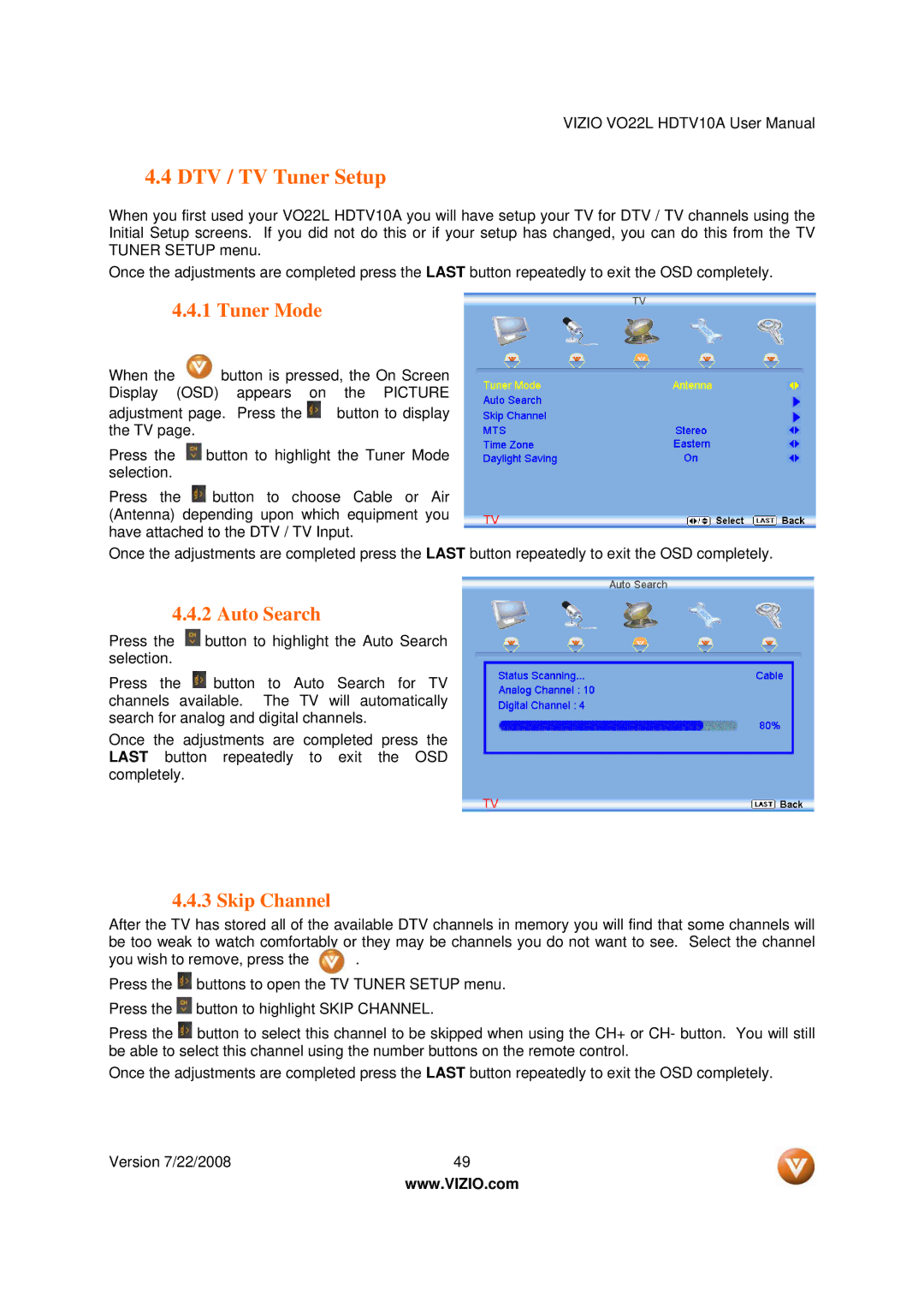 Vizio VO22L user manual DTV / TV Tuner Setup, Tuner Mode, Auto Search, Skip Channel 
