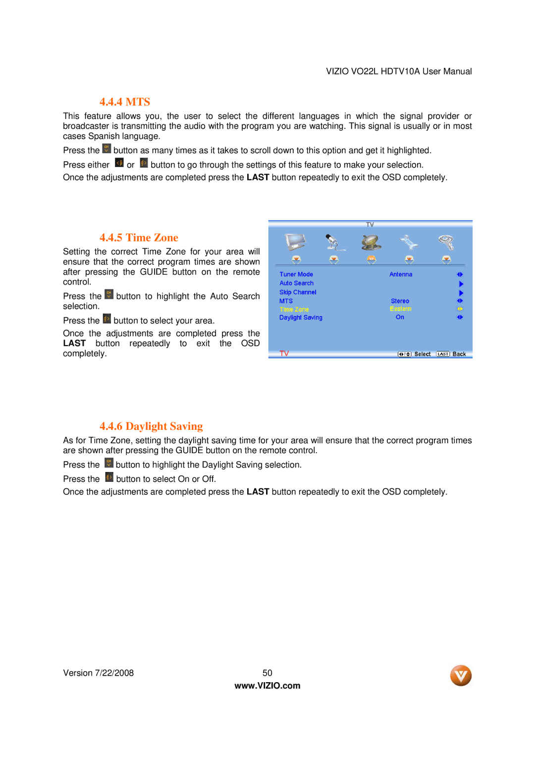 Vizio VO22L user manual 4 MTS, Time Zone, Daylight Saving 