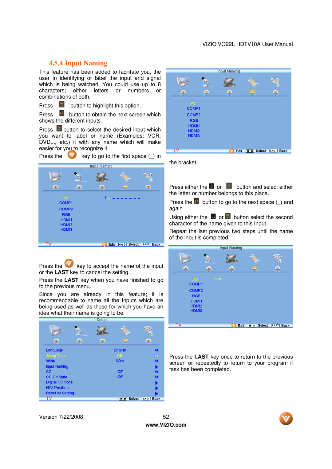 Vizio VO22L user manual Input Naming 