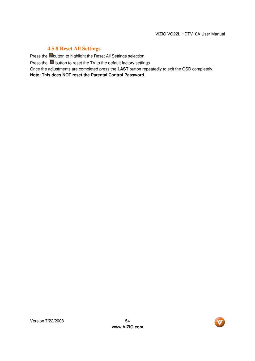Vizio VO22L user manual Reset All Settings 