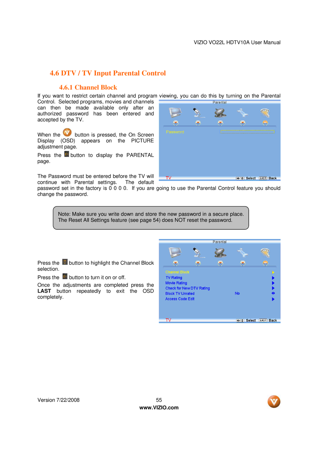 Vizio VO22L user manual DTV / TV Input Parental Control, Channel Block 