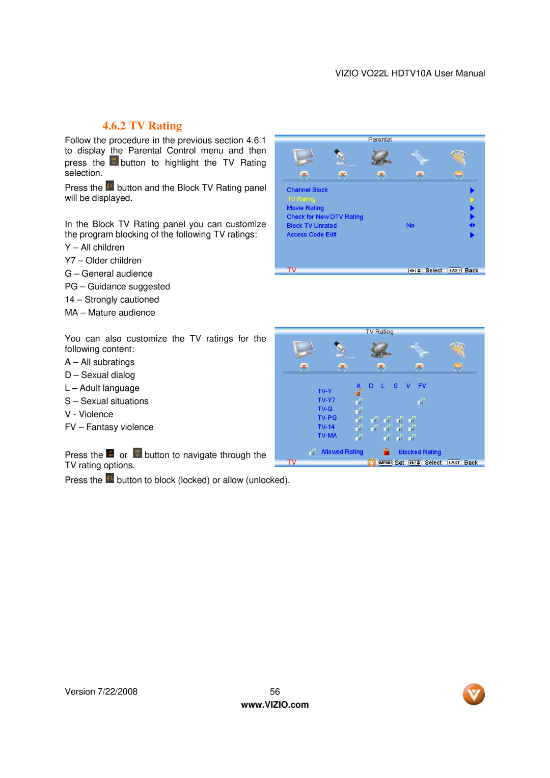 Vizio VO22L user manual TV Rating 